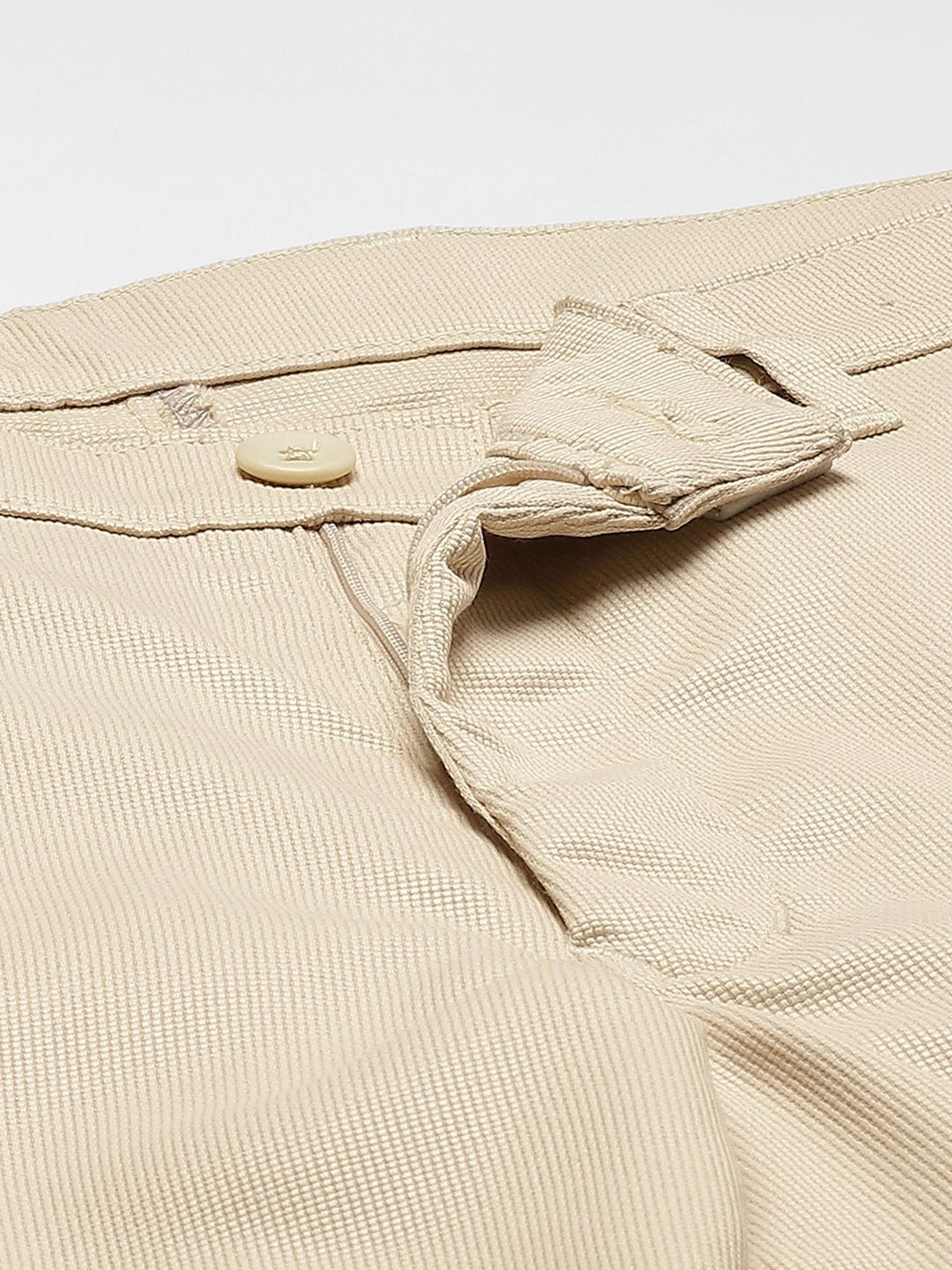Sojanya Beige Cotton Regular Slim Fit Self Pattern Flat Front Trousers