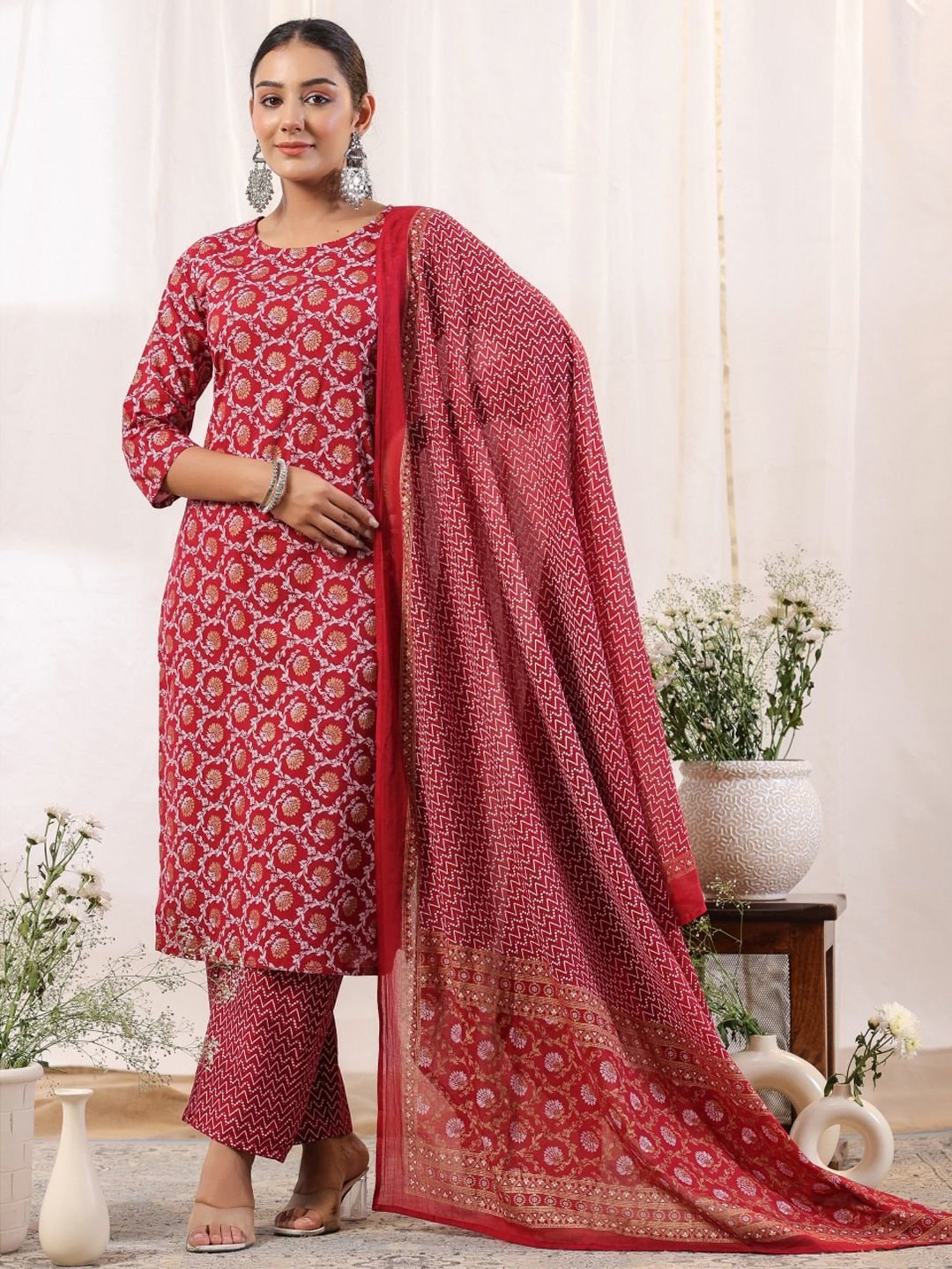 Anubhutee Red Cotton Printed Kurta Pant Set With Dupatta