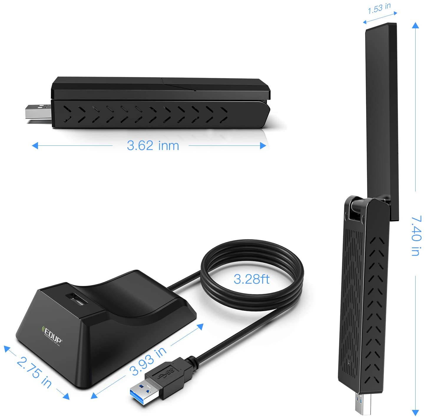 USB 3.0 Wifi Adapter, EDUP AC1900M + 39" Extender Cable & Base, Dual Band 2.4G/5.8G 6dBi Antenna Wireless WiFi Network Card Adapter for Desktop Laptop PC Support Windows 10/8/8.1/7/XP/Vista/Mac OS