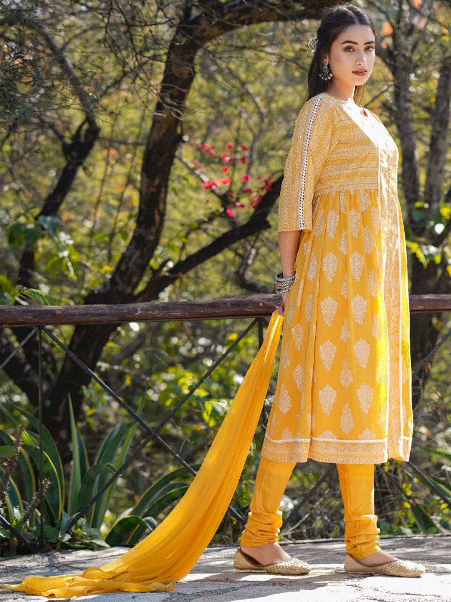 Juniper Yellow Ethnic Motif Printed Georgette Kurta Churidar & Chiffon Dupatta Set With Lace Work