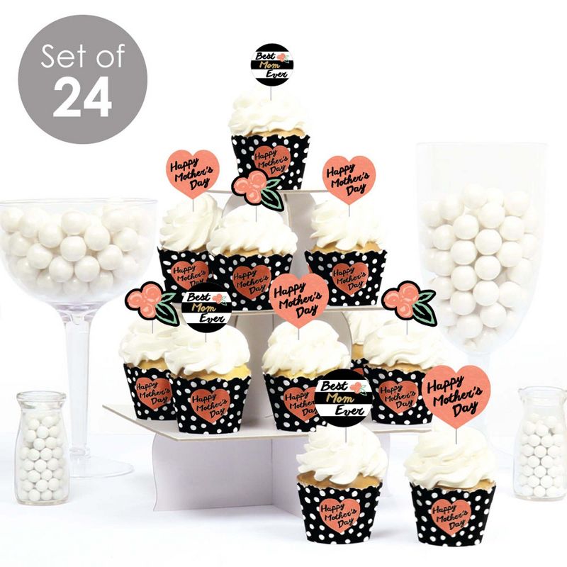 Big Dot of Happiness Best Mom Ever - Cupcake Decoration - Mother's Day Party Cupcake Wrappers and Treat Picks Kit - Set of 24