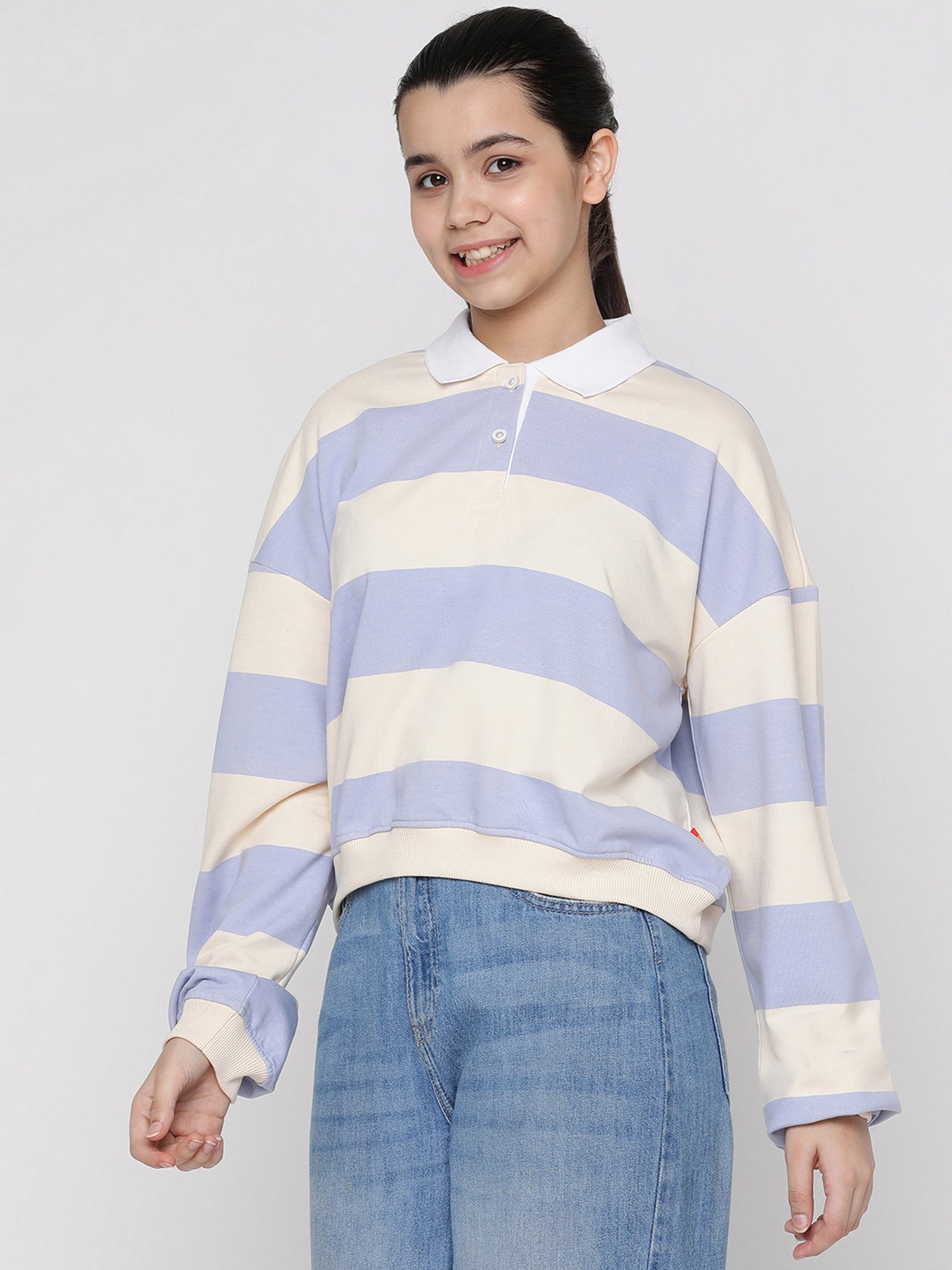 Lil Tomatoes Kids Blue & Cream Striped Full Sleeves Sweatshirt