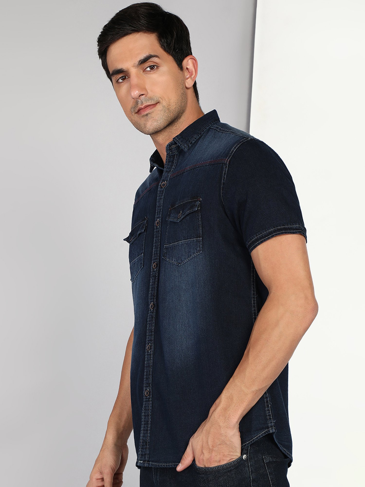 Kuons Avenue Dark Blue Slim Fit Denim Shirt