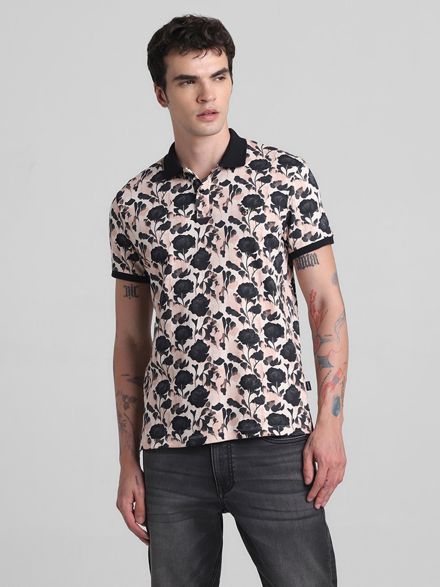 Jack & Jones Off White Slim Fit Printed Cotton Polo T-Shirt