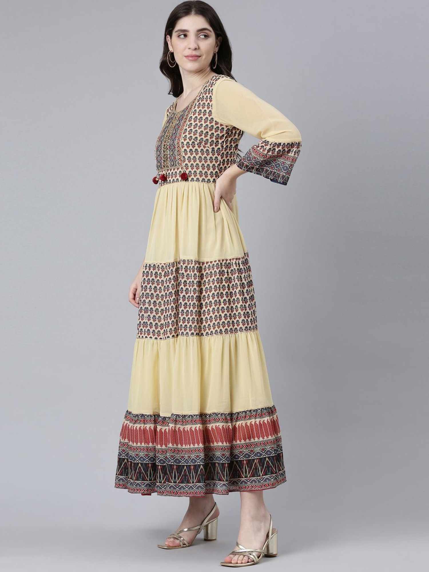 Neerus Beige Printed Princess Panel Dress