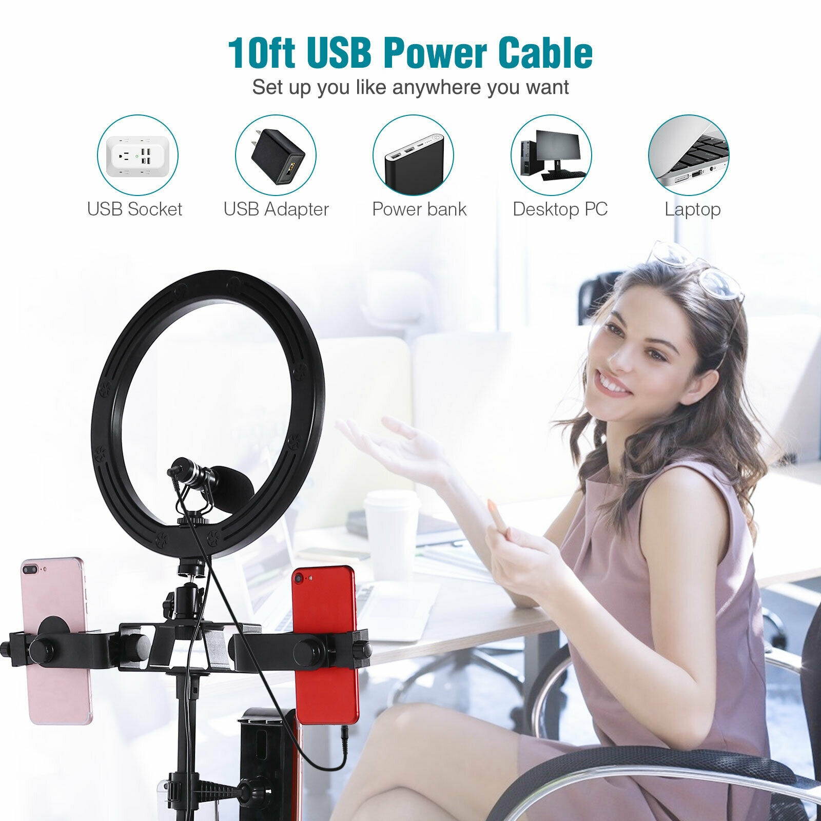 10" LED Ring Light w/Selfie Stick  Tripod Stand  Microphone Kit for Video Live