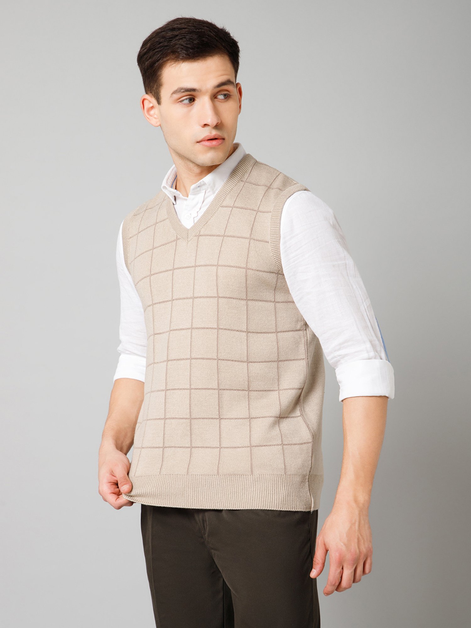 Cantabil Beige Regular Fit Sleeveless Check Sweater