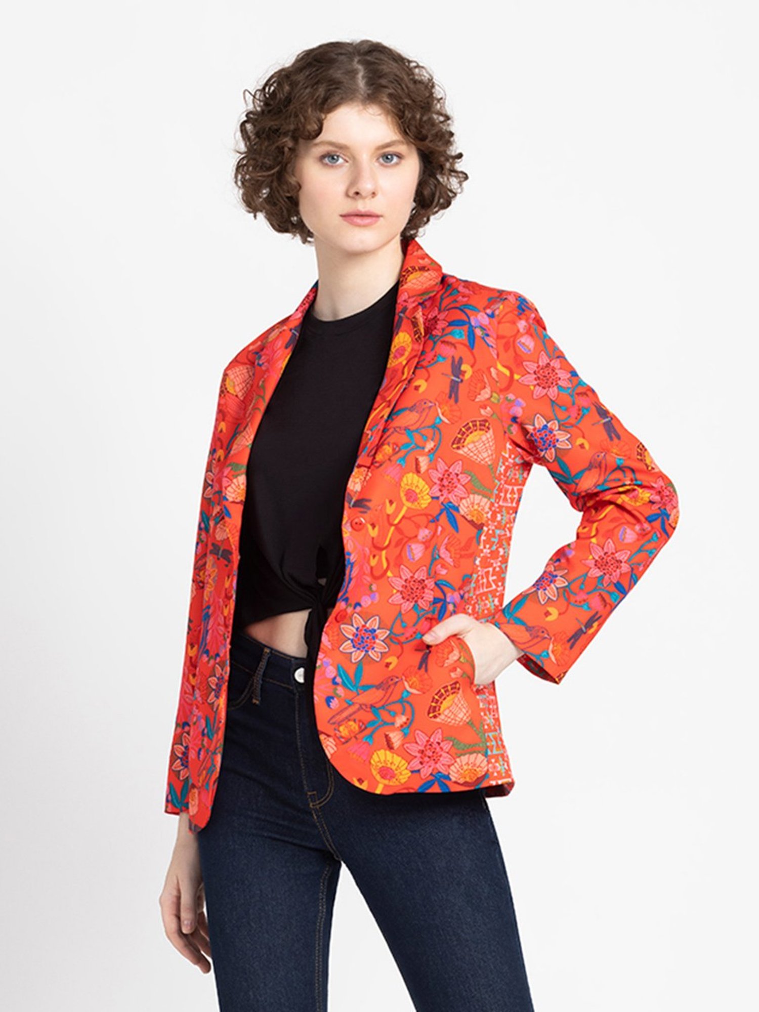 SHAYE Red Floral Print Blazer