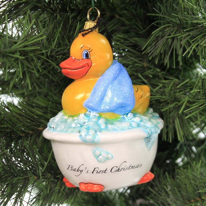 Joy To The World 4.5" Babys First Rubber Ducky Blue Ornament Tub Time Bubbles Boy  -  Tree Ornaments