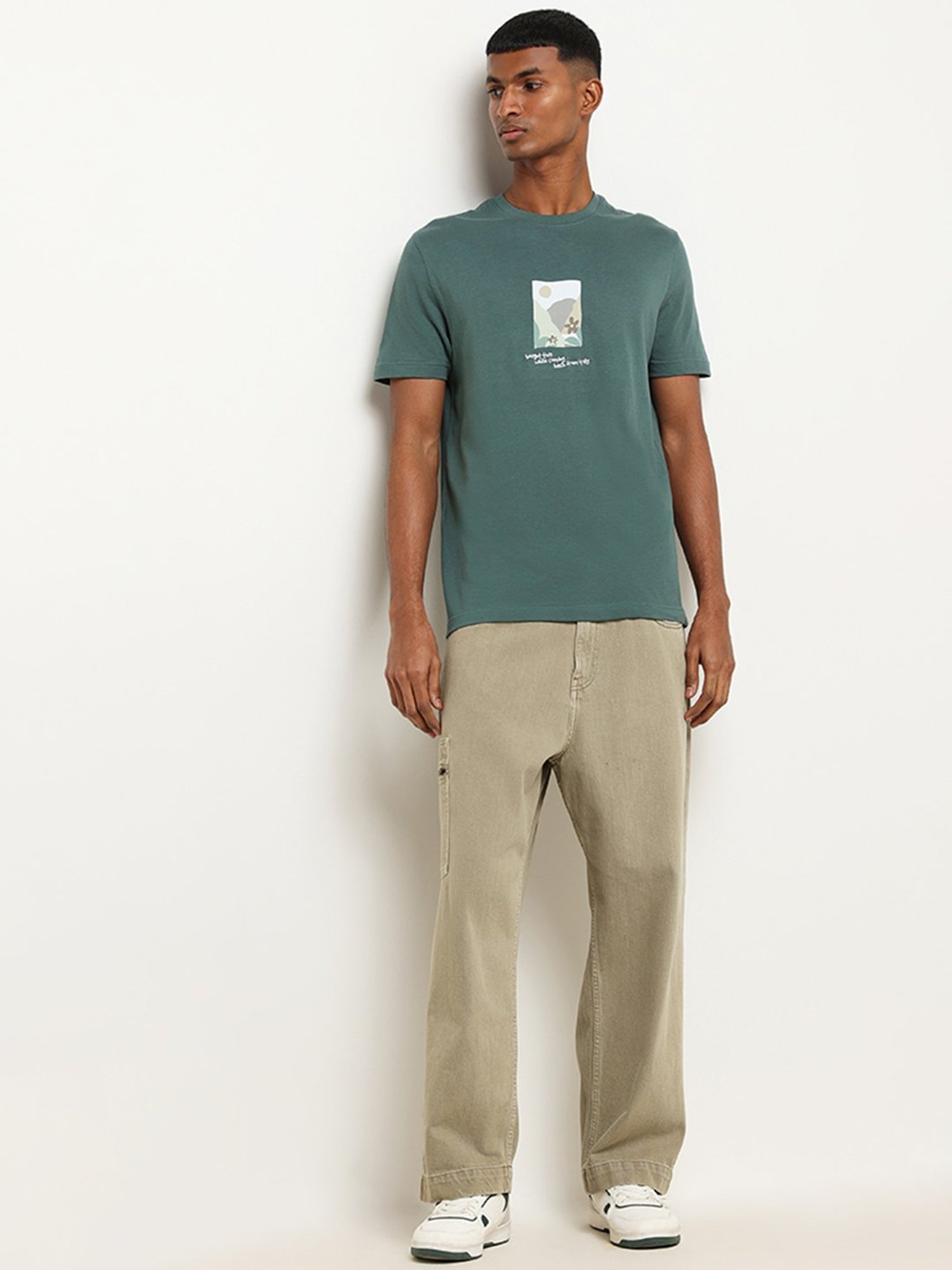 Nuon by Westside Green Cotton Slim Fit T-Shirt