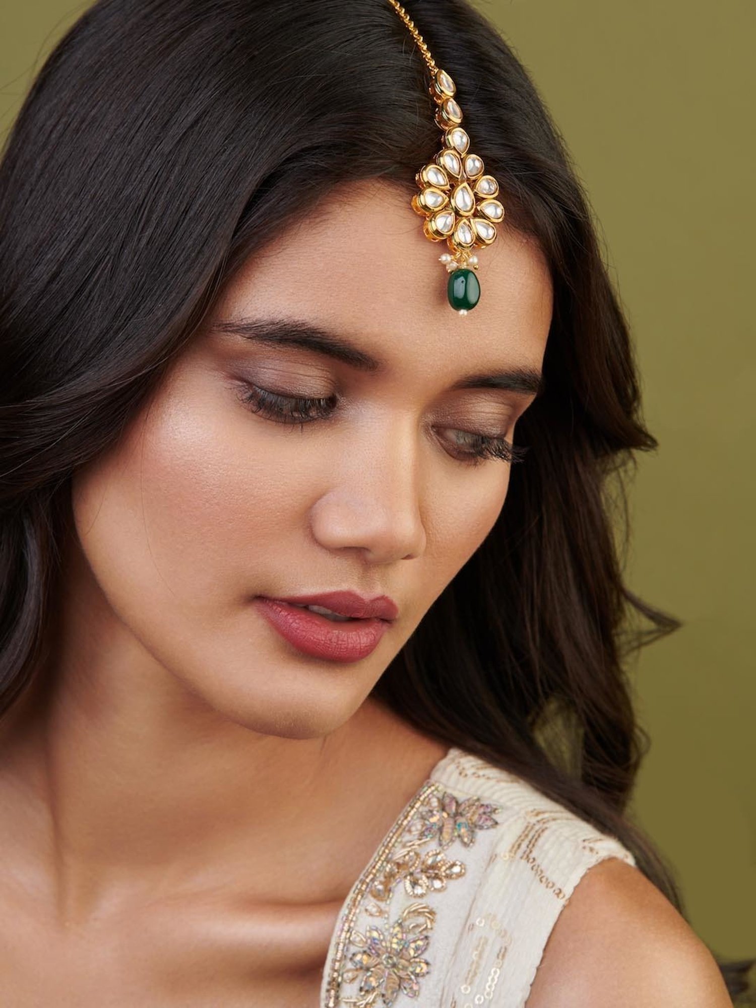 Curio Cottage Meira Kundan Green Droplet Maang Tikka for Women