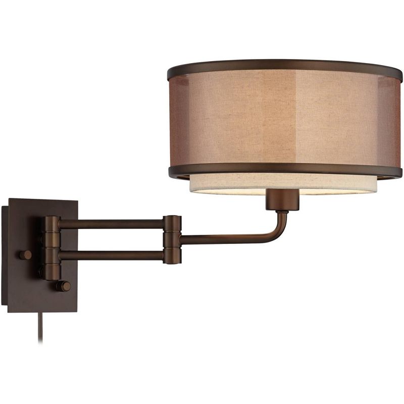 Franklin Iron Works Rustic Farmhouse Swing Arm Wall Lamp Oiled Bronze Plug-In Light Fixture Double Drum Shade for Bedroom Bedside