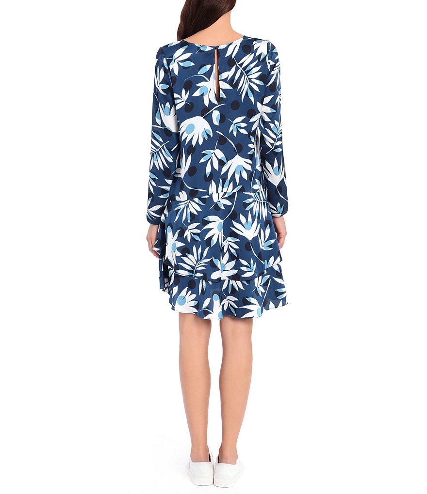 Maggy London Floral Tiered Crepe Jewel Neck Trapeze Dress