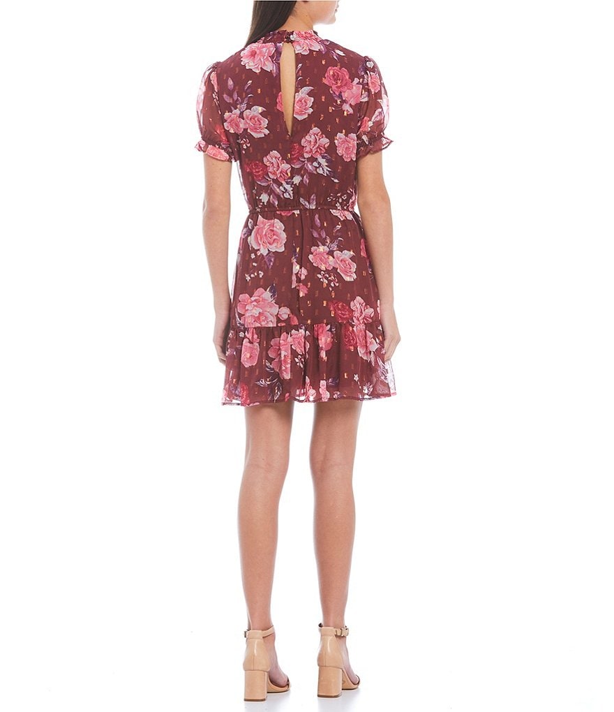 Midnight Doll Short Sleeve Mock Neck Smocked Floral Dress