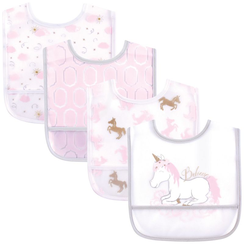 Yoga Sprout Baby Girl Waterproof PEVA Bibs 4pk, Unicorn, One Size