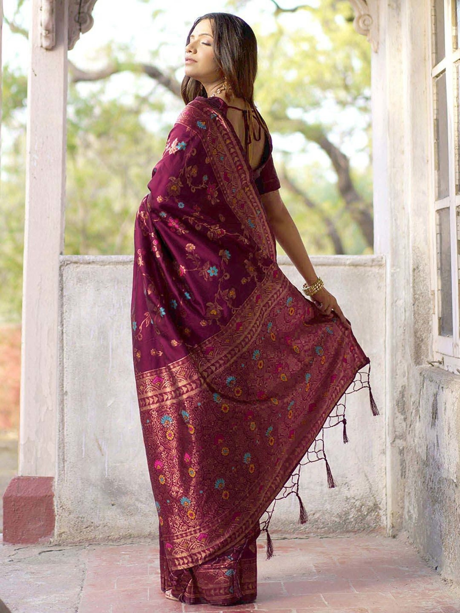 Unnati Silks Red Silk Printed Saree With Unstitched Blouse