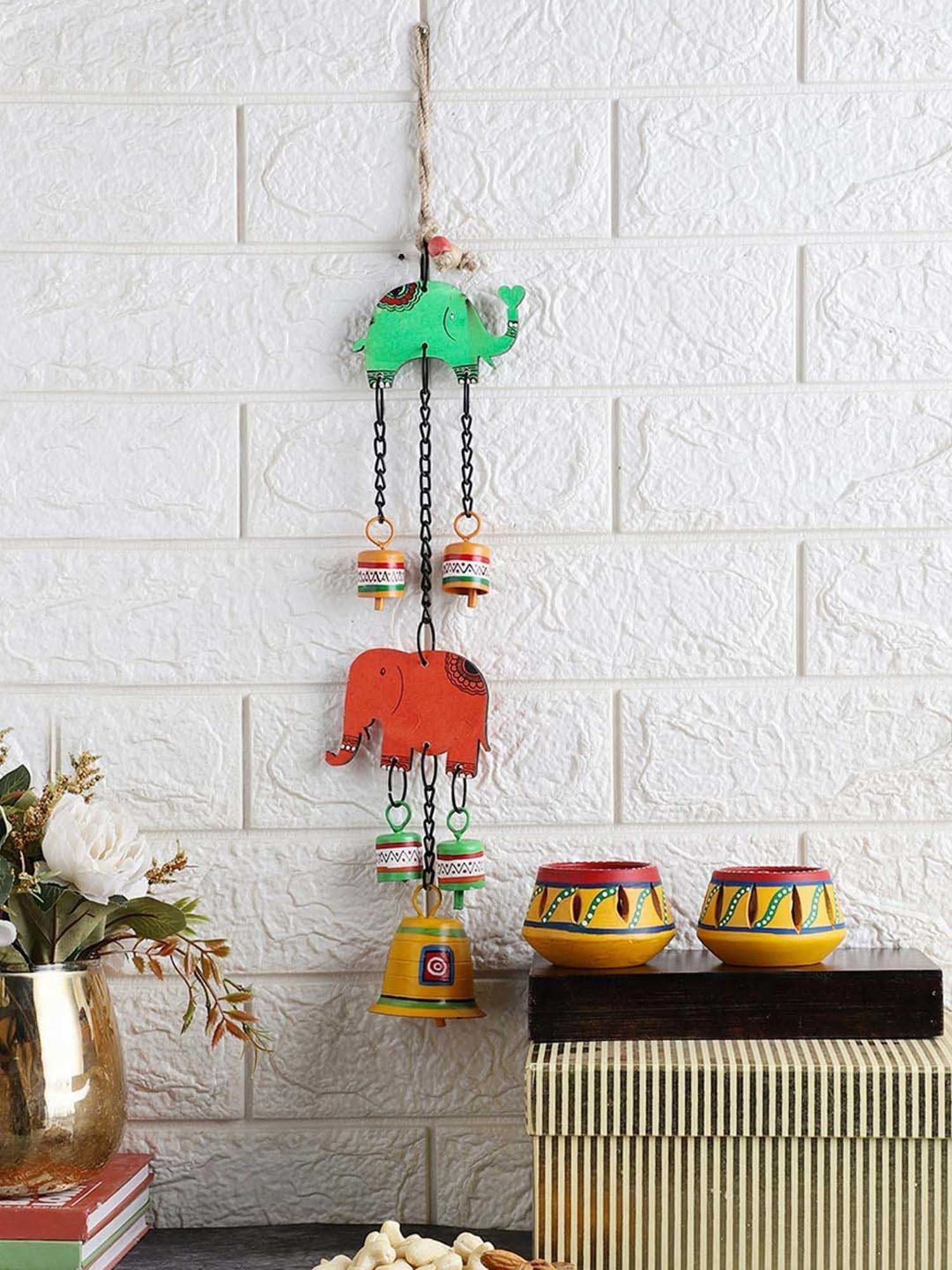 VarEesha Upahaar Multicolor Wood Wall Hanging Wind Chime with 2 Tea Light Holders