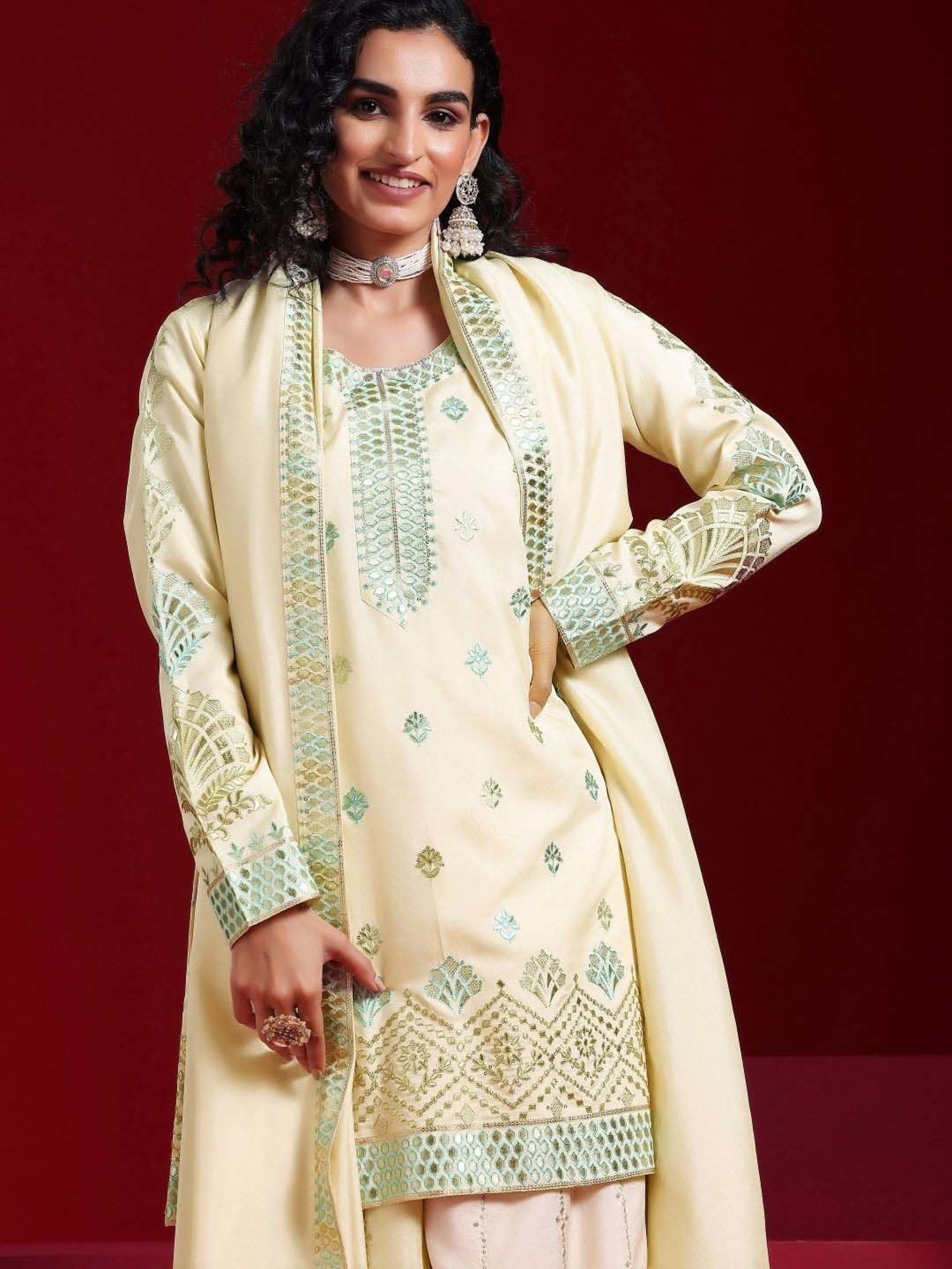 Libas Art Beige Embroidered Kurti Palazzo Set With Dupatta