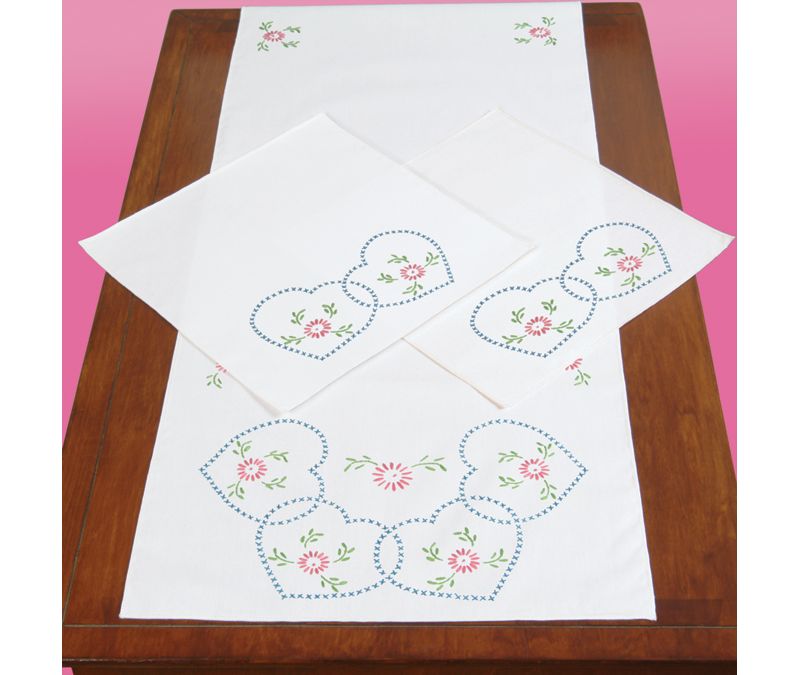 Jack Dempsey Stamped Dresser Scarf & Doilies Perle Edge-Starburst Of Hearts 