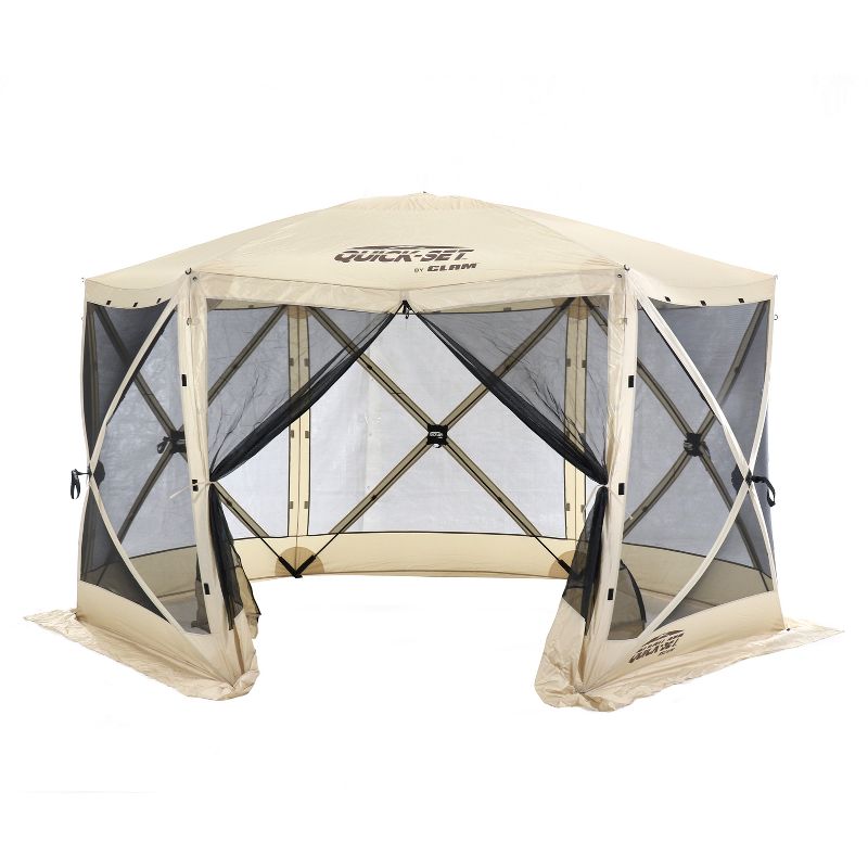 CLAM Quick-Set Escape 12 x 12 Foot Portable Pop-Up Outdoor Camping Gazebo Screen Tent 6 Sided Canopy Shelter with Ground Stakes & Carry Bag, Tan
