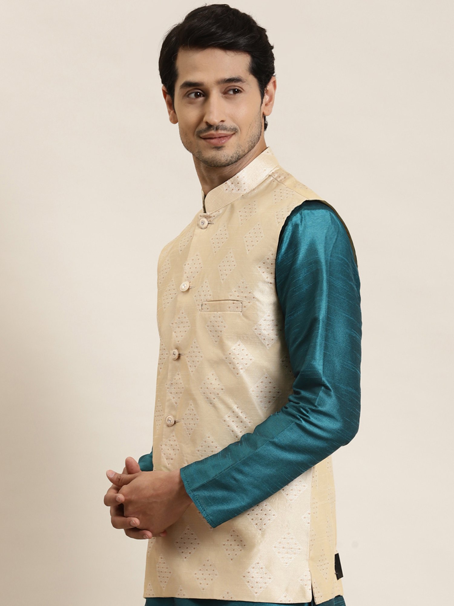 Sojanya Beige Regular Fit Self Pattern Nehru Jacket