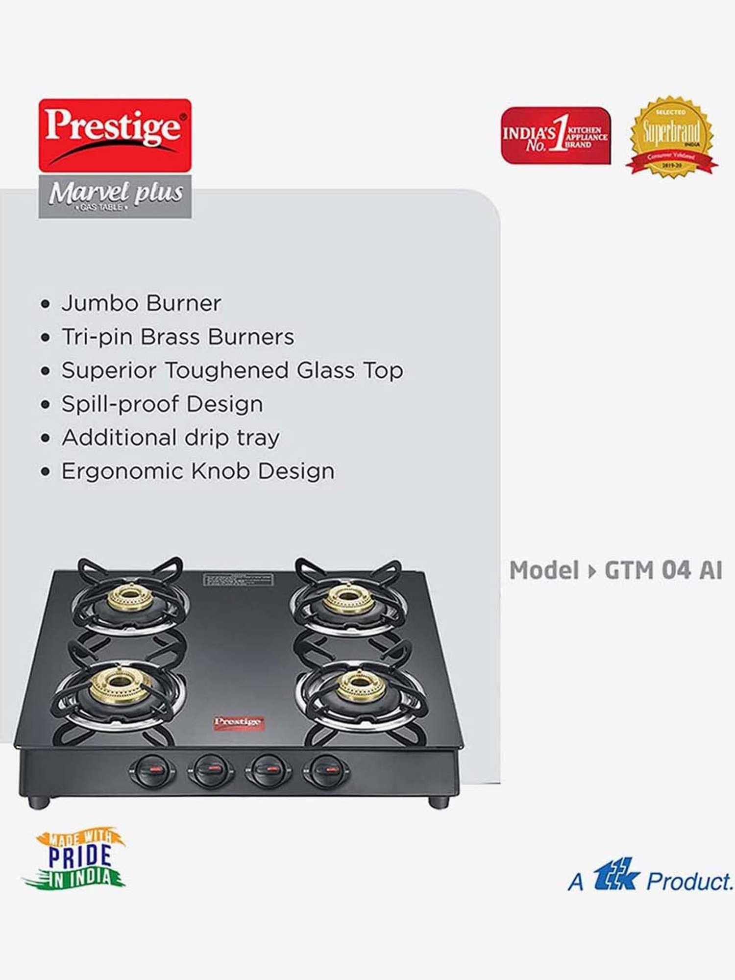 Prestige Marvel Plus GTM 04 SQ 4 Burners Glass Top Gas Stove (Black)