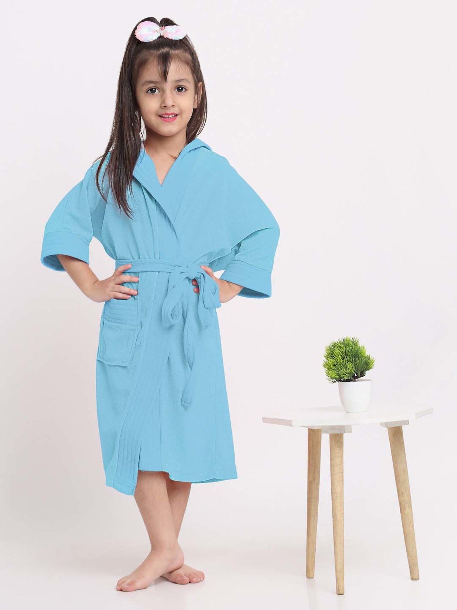 Creeva Melodious Ocean Blue Micro Terry 225 GSM Kids Hooded Bathrobe 4-5 Years With Pocket