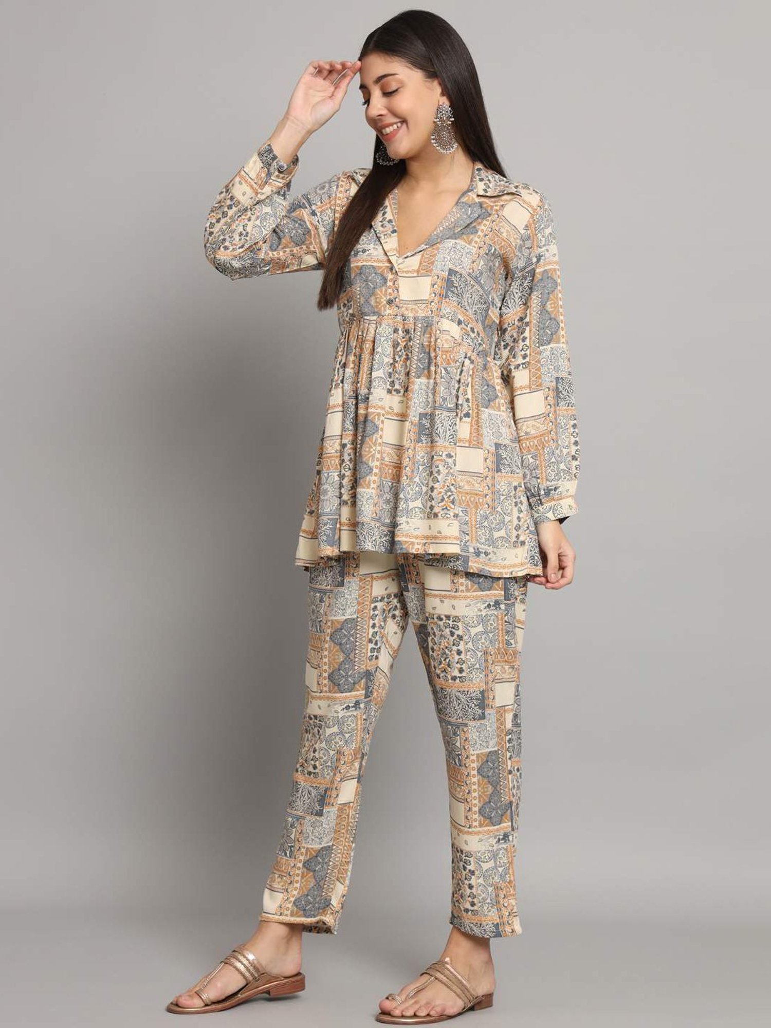 Melon by PlusS Blue Printed Shirt Pant Set