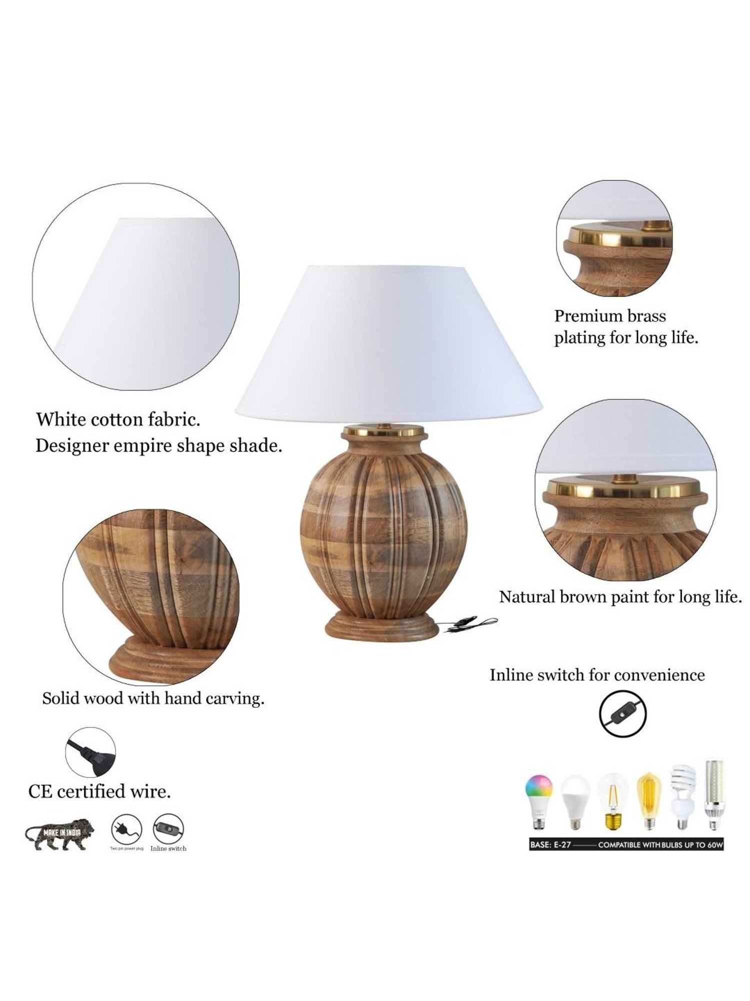 Kapoor Lamp Shades Natural Wood Astros Carved Cotton Shade Table Lamp