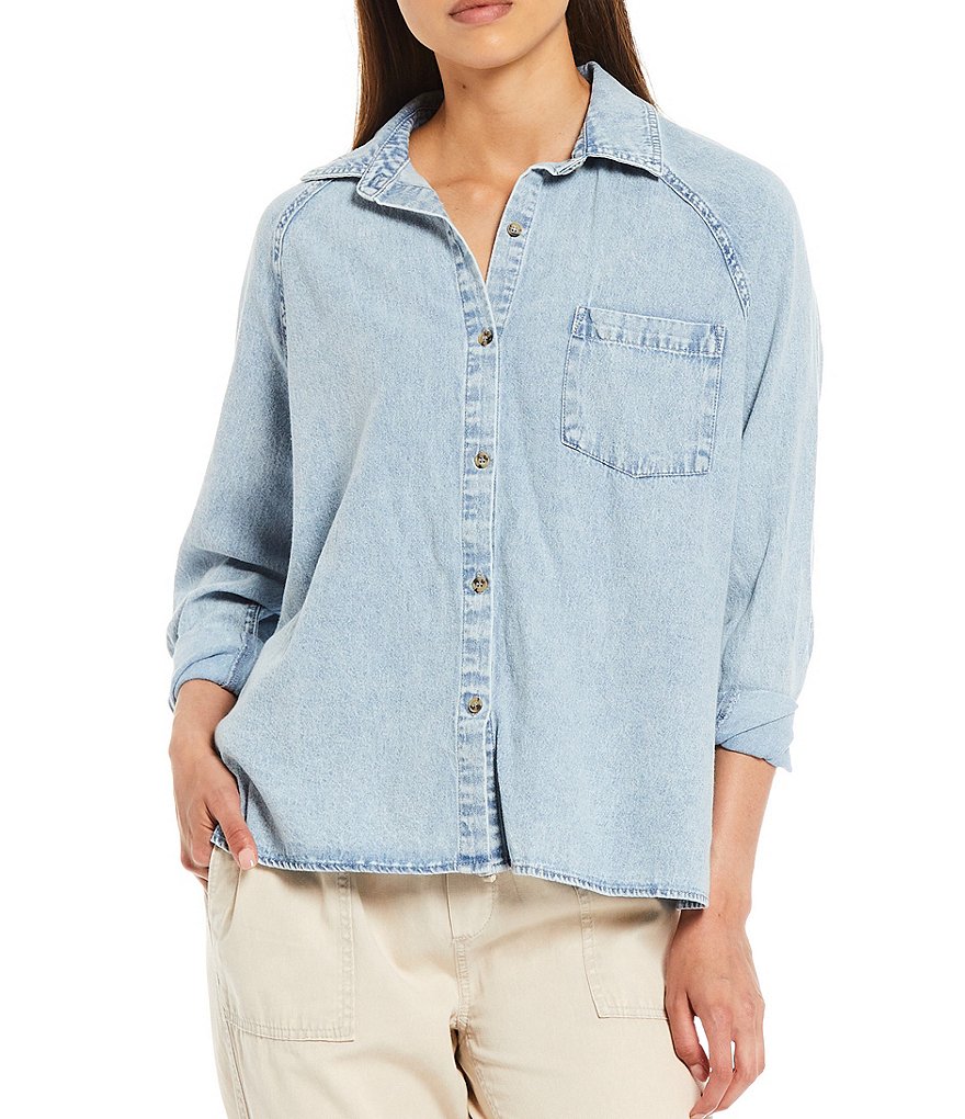 Every Button-Front Long Sleeve Chambray Top
