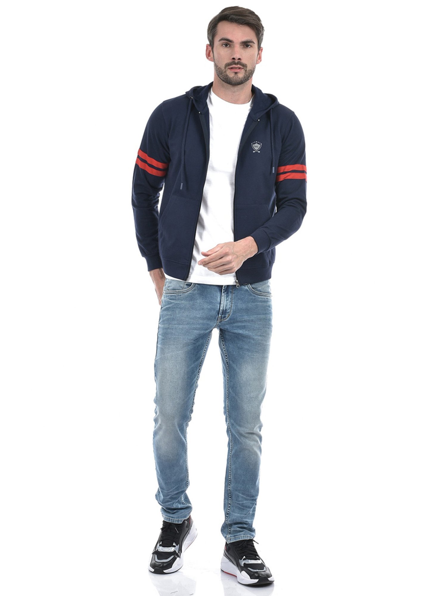 Lawman Navy Blue Cotton Regular Fit Striped Hooded Sweatshirts