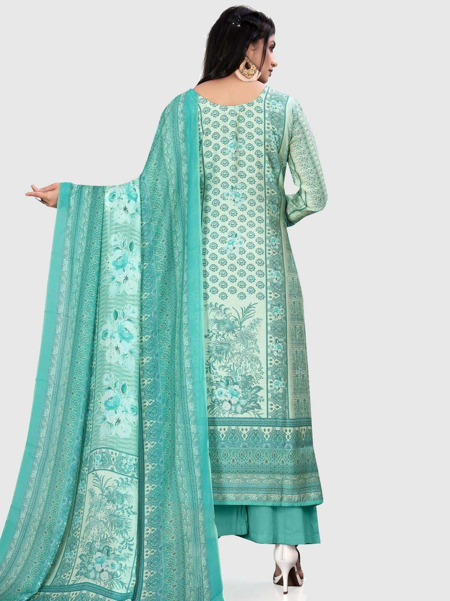 Stylee LIFESTYLE Turquoise Floral Print Unstitched Dress Material