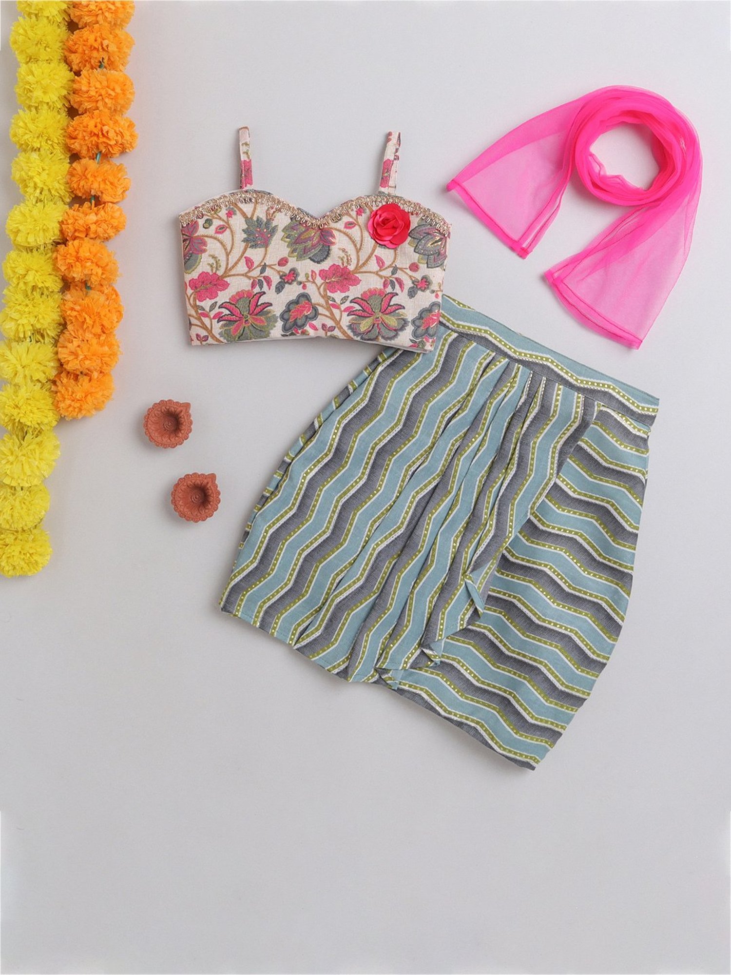 Many Frocks Kids Multicolor Embellished Lehenga, Choli with Dupatta