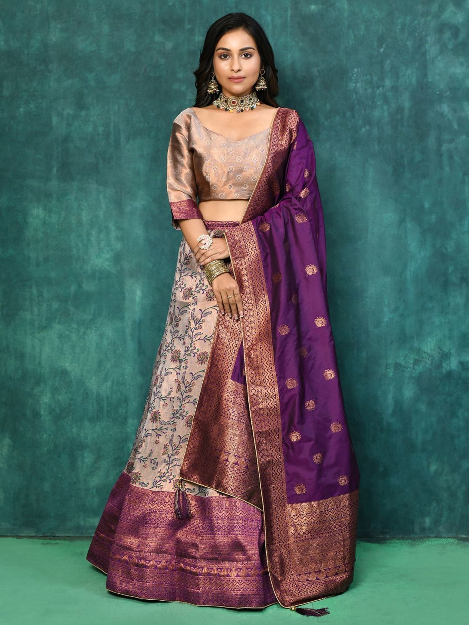 Silk Land Beige & Blue Woven Pattern Semi Stitched Lehenga Choli Set With Duppata