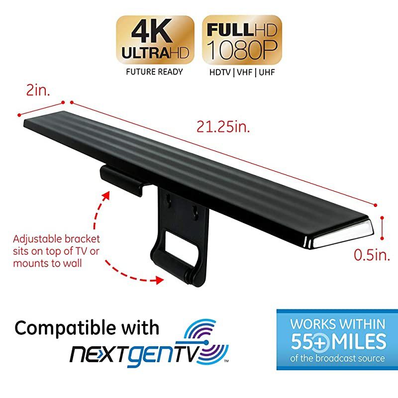 Version GE HD Amplified TV Antenna Easy Mount to Top of TV Design Long Range Supports 4K 1080P Digital HDTV VHF UHF Included Amplifier Signal Booster AC Adapter 5 ft Coax Indoor 37075