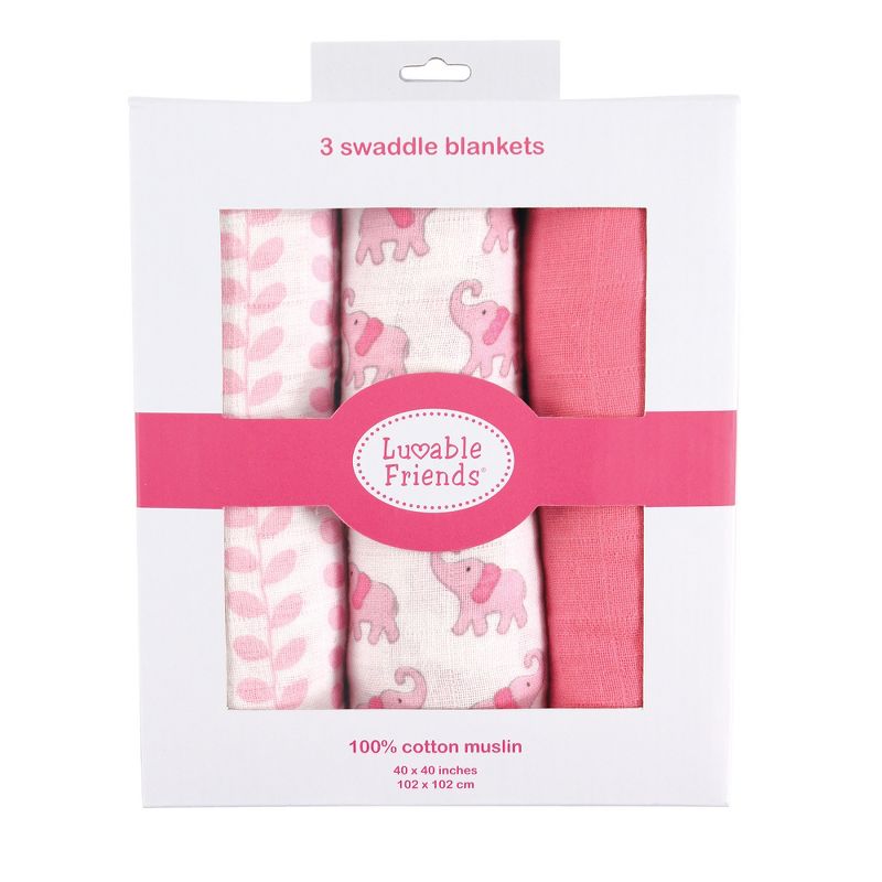 Luvable Friends Baby Girl Muslin Cotton Swaddle Blanket, Girl Elephant, One Size