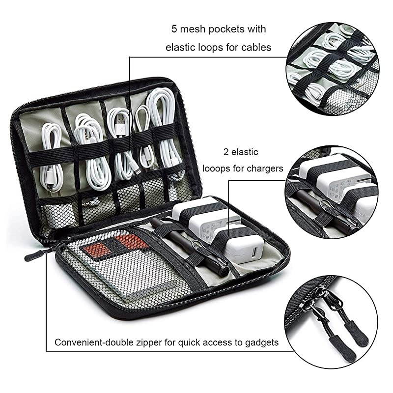 Cable Organizer Bag, Small Electronics Accessories Carry Cases Portable Cord Organizer Bag for Cable, Charger, Phone, USB, SD Card ,with 8pcs Cable Ties (Gray)