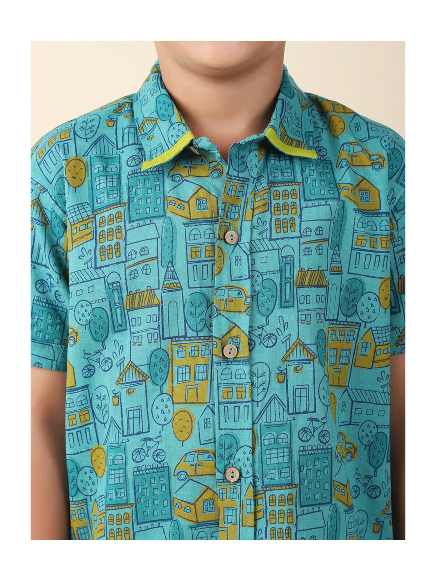 Fabindia Kids Turquoise Printed Shirt