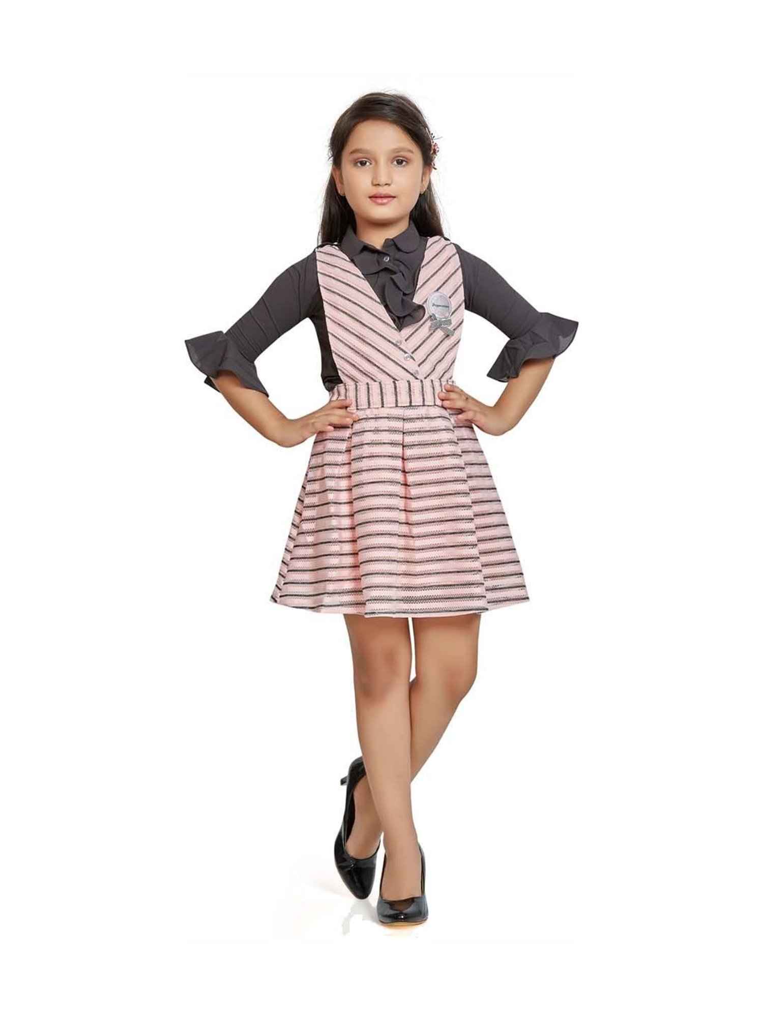 Peppermint Kids Peach & Black Striped Dress with Shirt