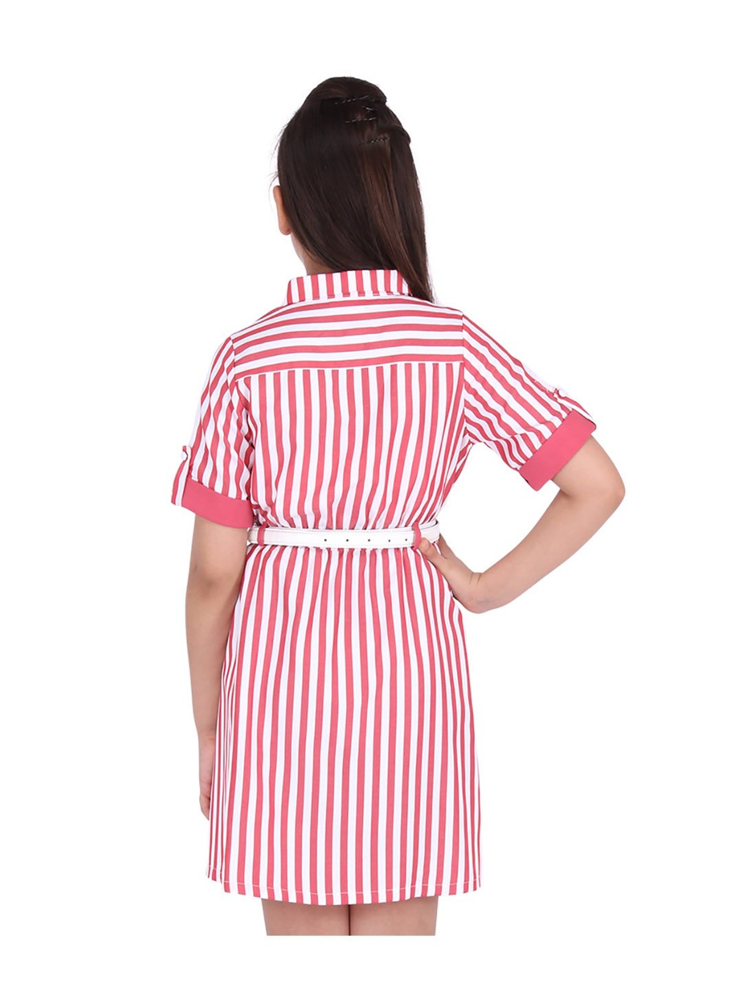 Cutecumber Kids Red & White Striped Dress, Belt with Sling Bag