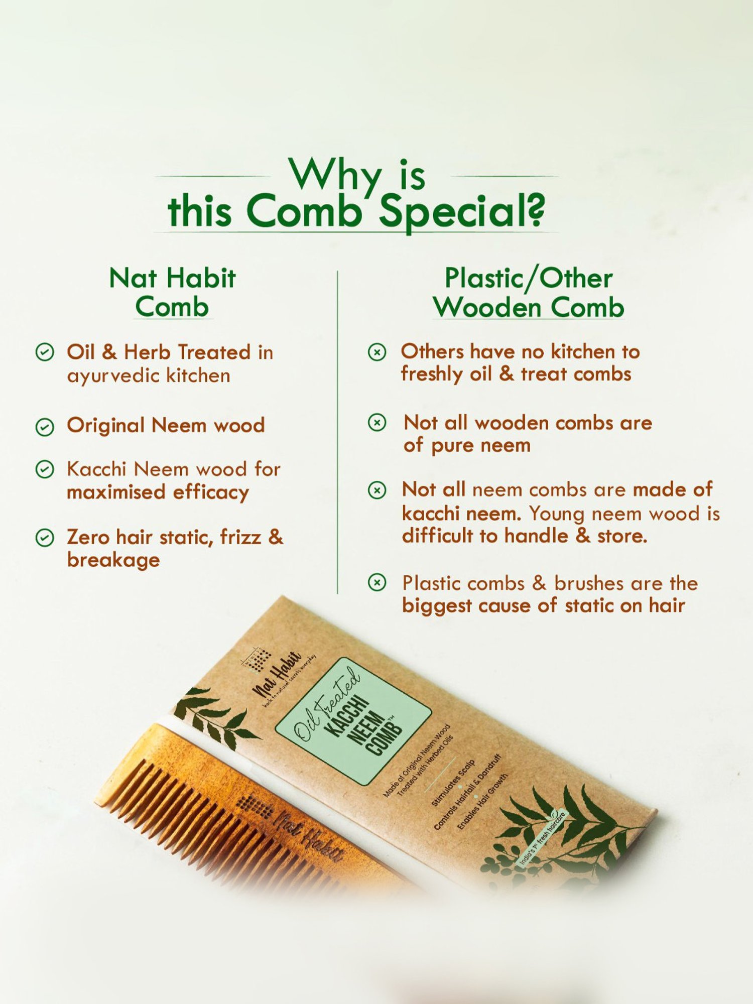 Nat Habit Kacchi Neem Wodden Fine Tooth Pocket Comb - Pack of 2