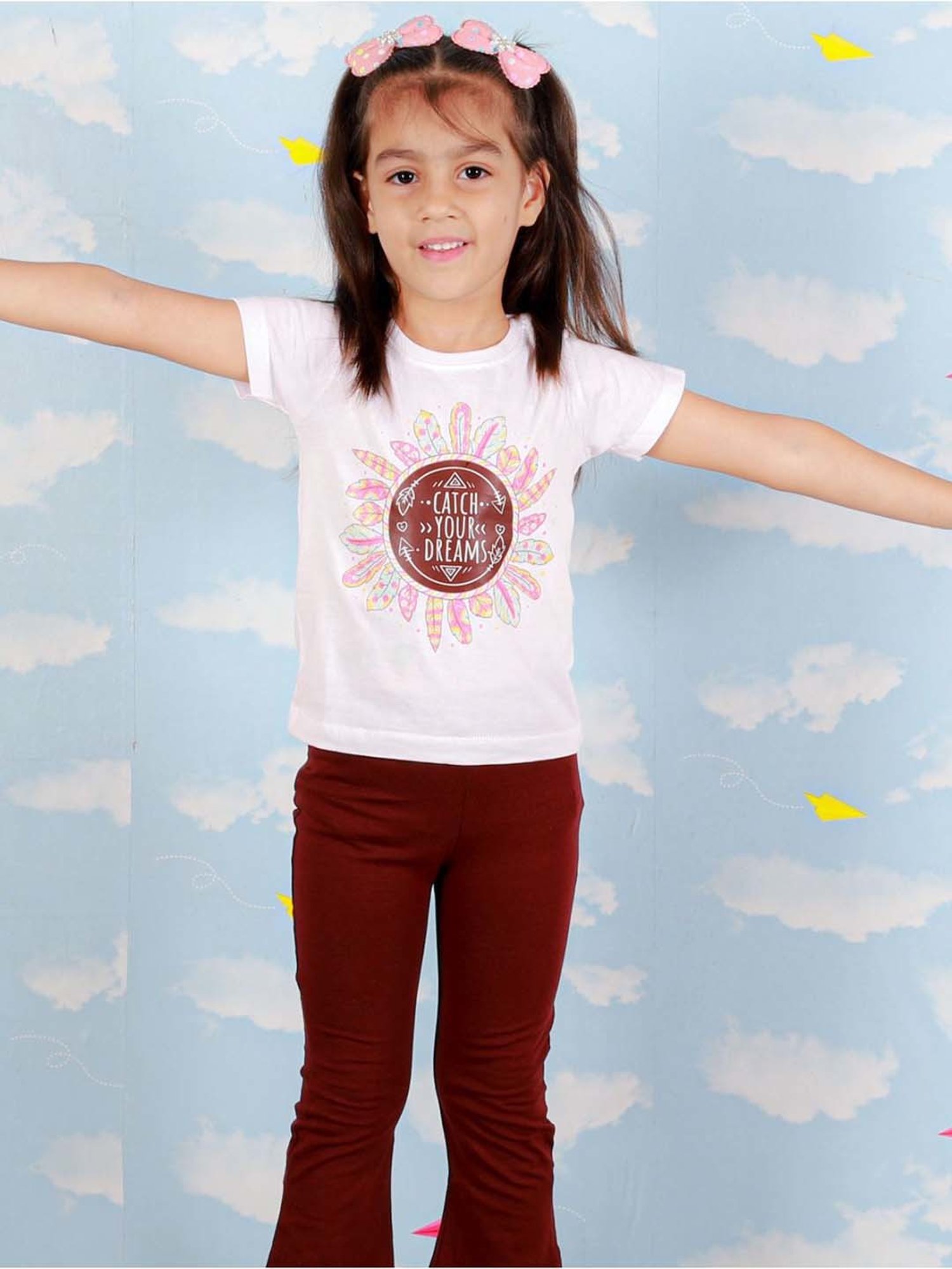 The Mom Store Kids White & Maroon Cotton Printed Top Set