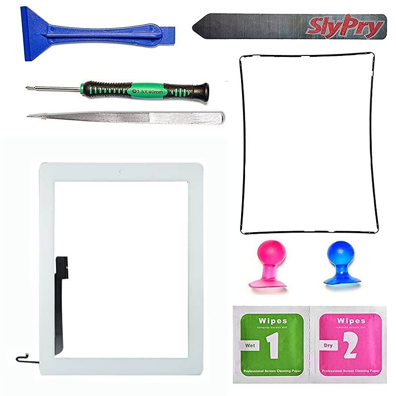 White Ipad 4 Digitizer Touch Screen Front Glass Assembly Includes Home Button + Camera Holder + Frame Bezel + Preinstalled Adhesive + Cleaning Kit with Slypry Premium Tool Kit