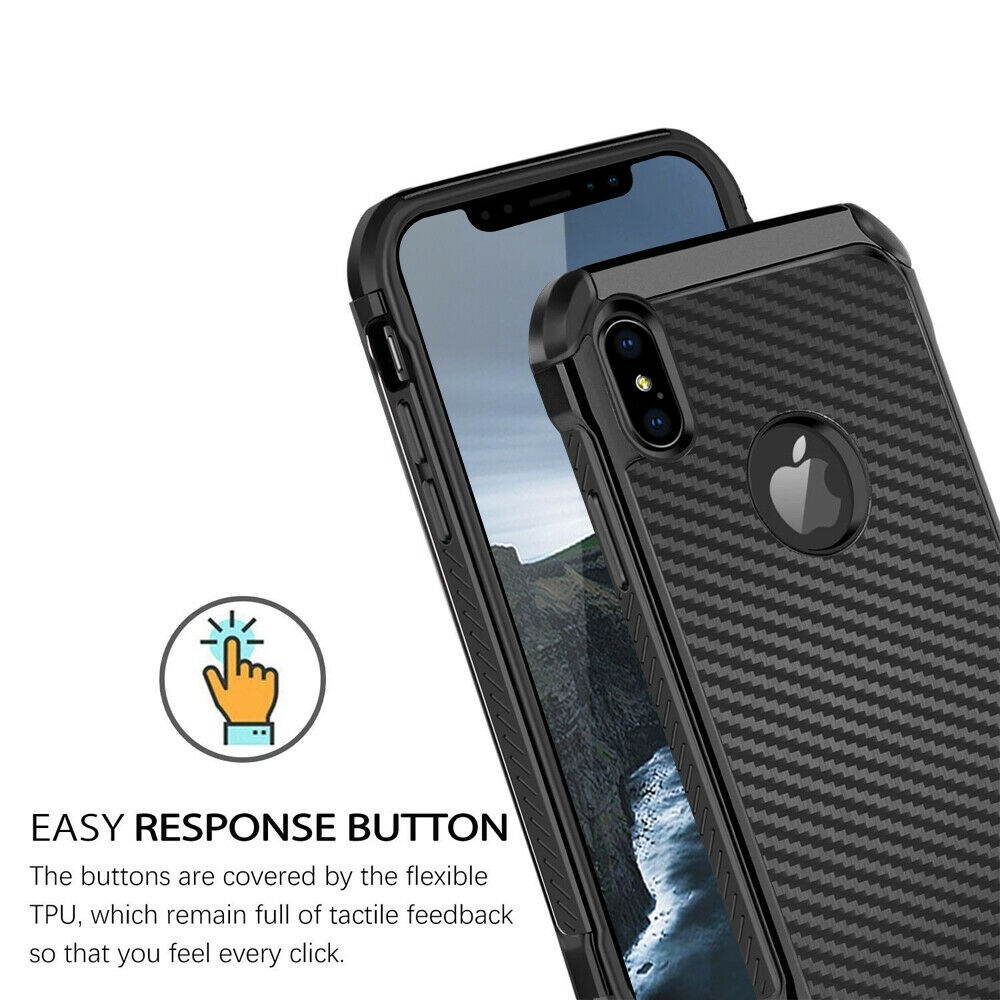 For iPhone 12 11/Pro/Max/XS/XR/X/8/7/Plus Carbon Fiber Hard Case+Tempered Glass