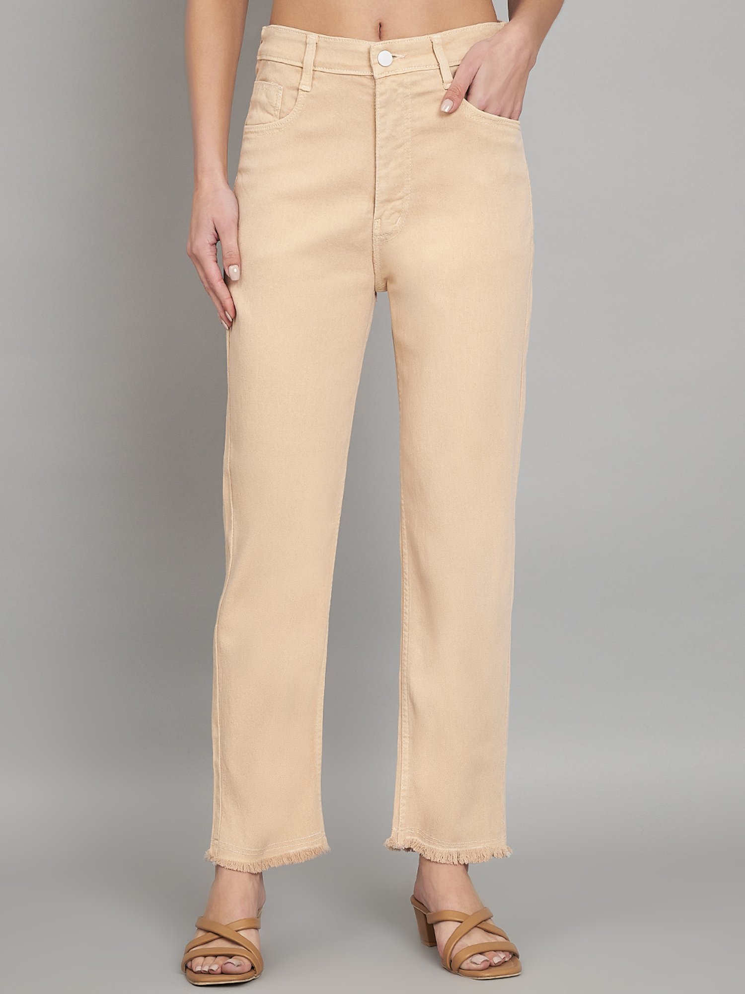 Angelfab Beige Cotton Straight Fit High Rise Jeans