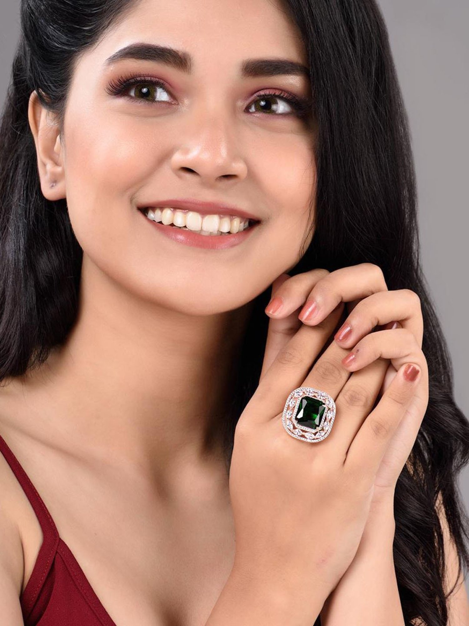 Saraf RS Jewellery Rose Gold Emerald Green Studded Adjustable Statement Cocktail Finger Ring