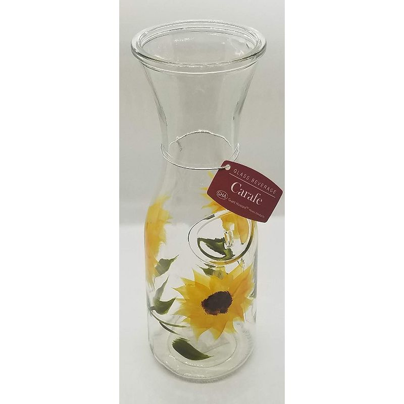 Grant Howard 34 Ounce Capacity Elegant Hand Painted Beverage Glass Carafe Decanter Versatile Drink Pitcher, Sunflower Field Design