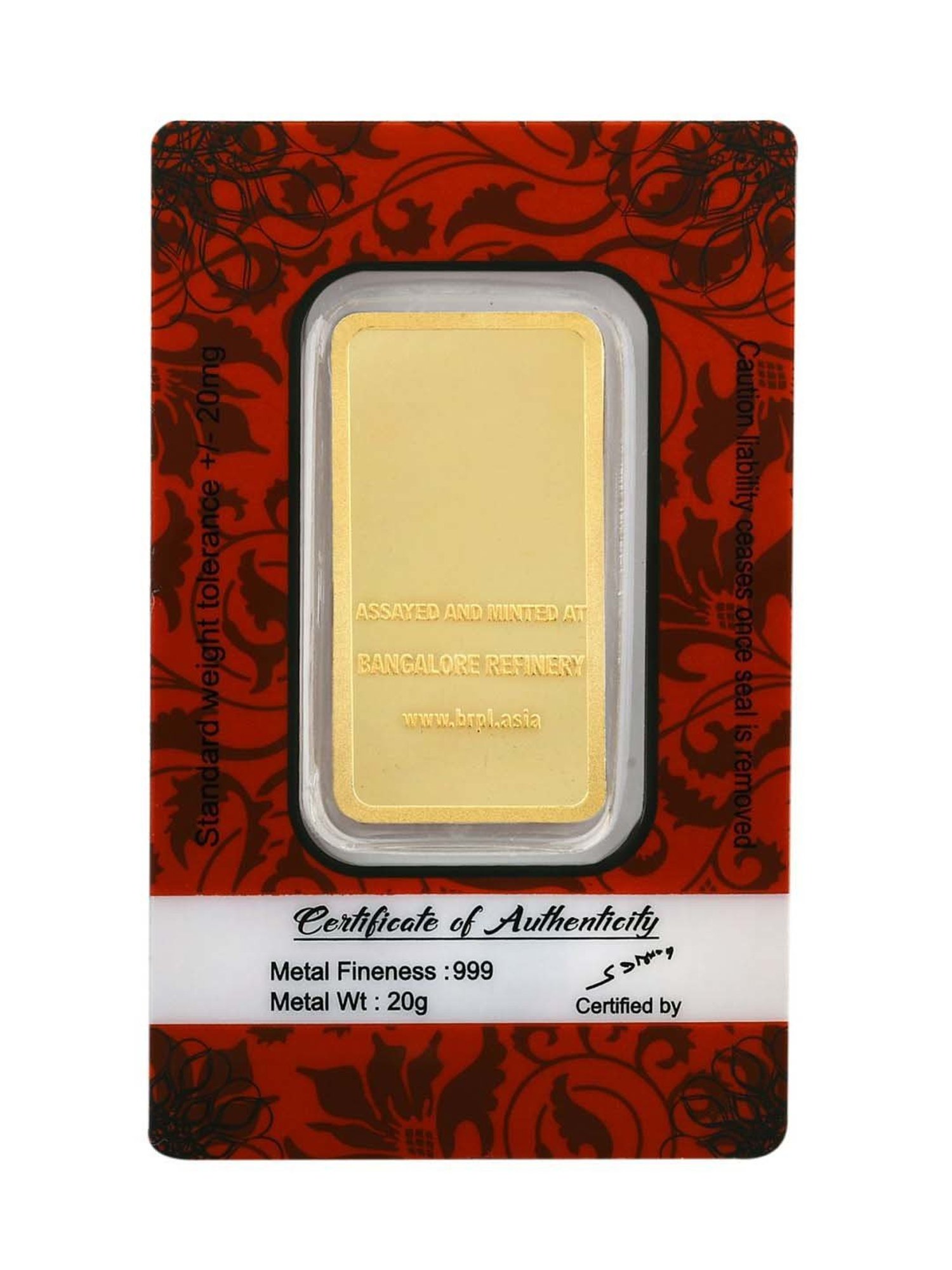 Bangalore Refinery 24k (999) 20gm Gold Bar