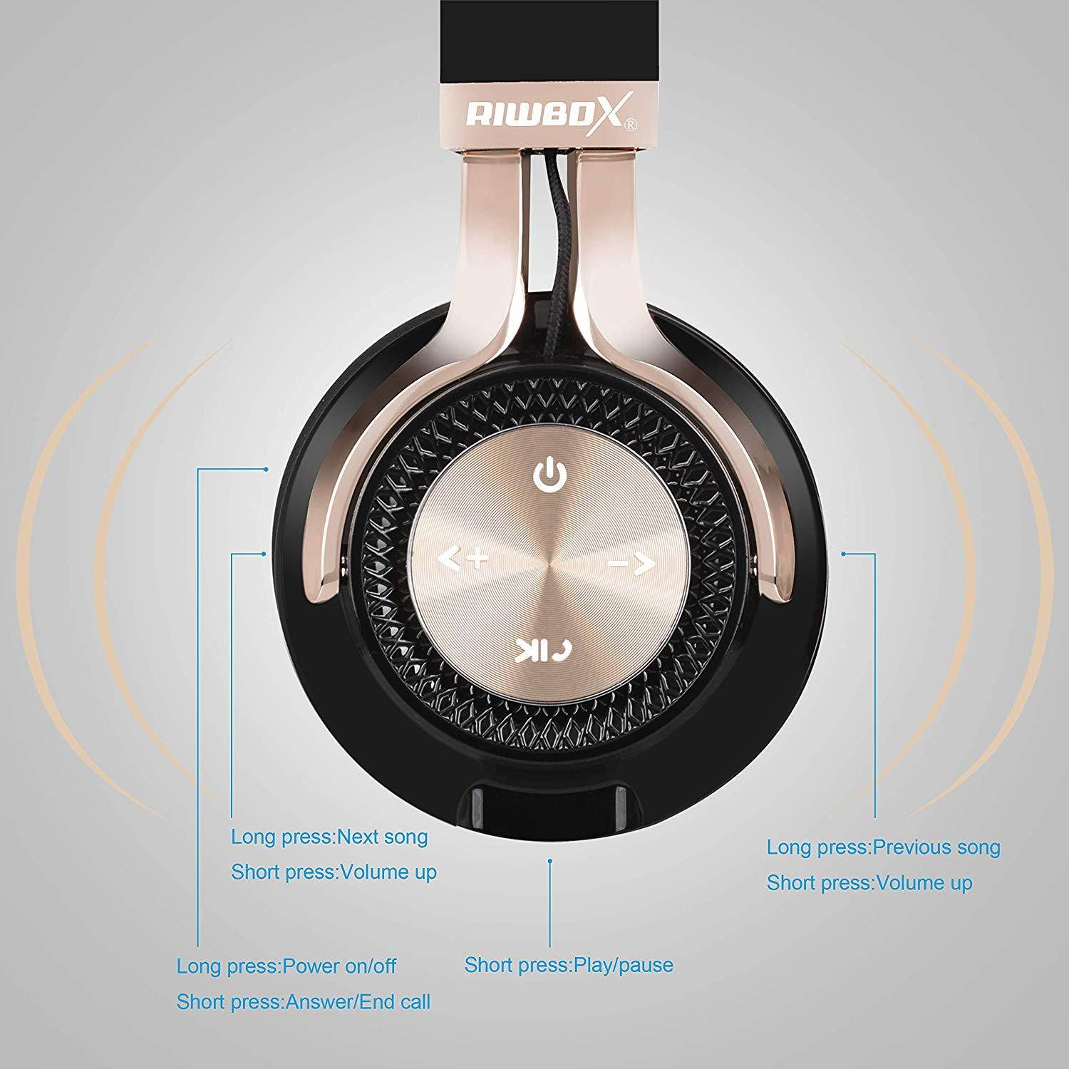 Bluetooth Headphones, Riwbox XBT-880 Wireless Bluetooth Headphones Over Ear with Microphone and Volume Control Wireless and Wired Foldable Headset for iPhone/iPad/ PC/Cell Phones/TV (Black&Gold)