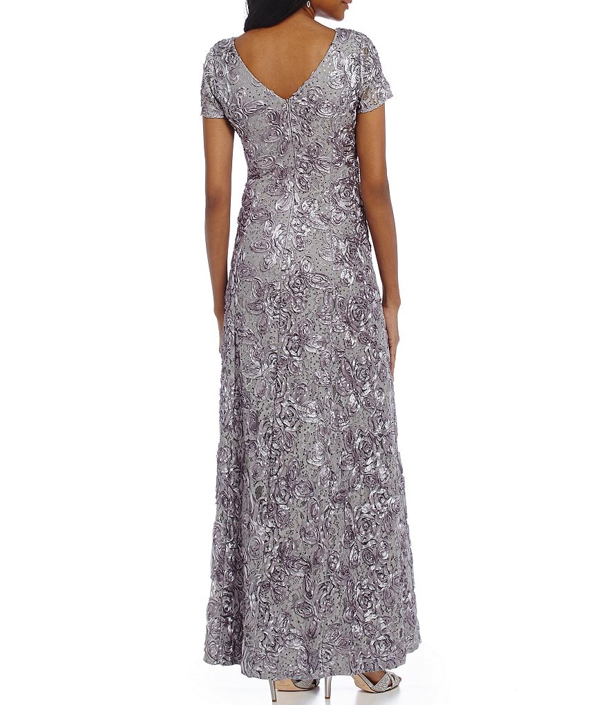 Alex Evenings Sequined-Lace Rosette-Rose Gown